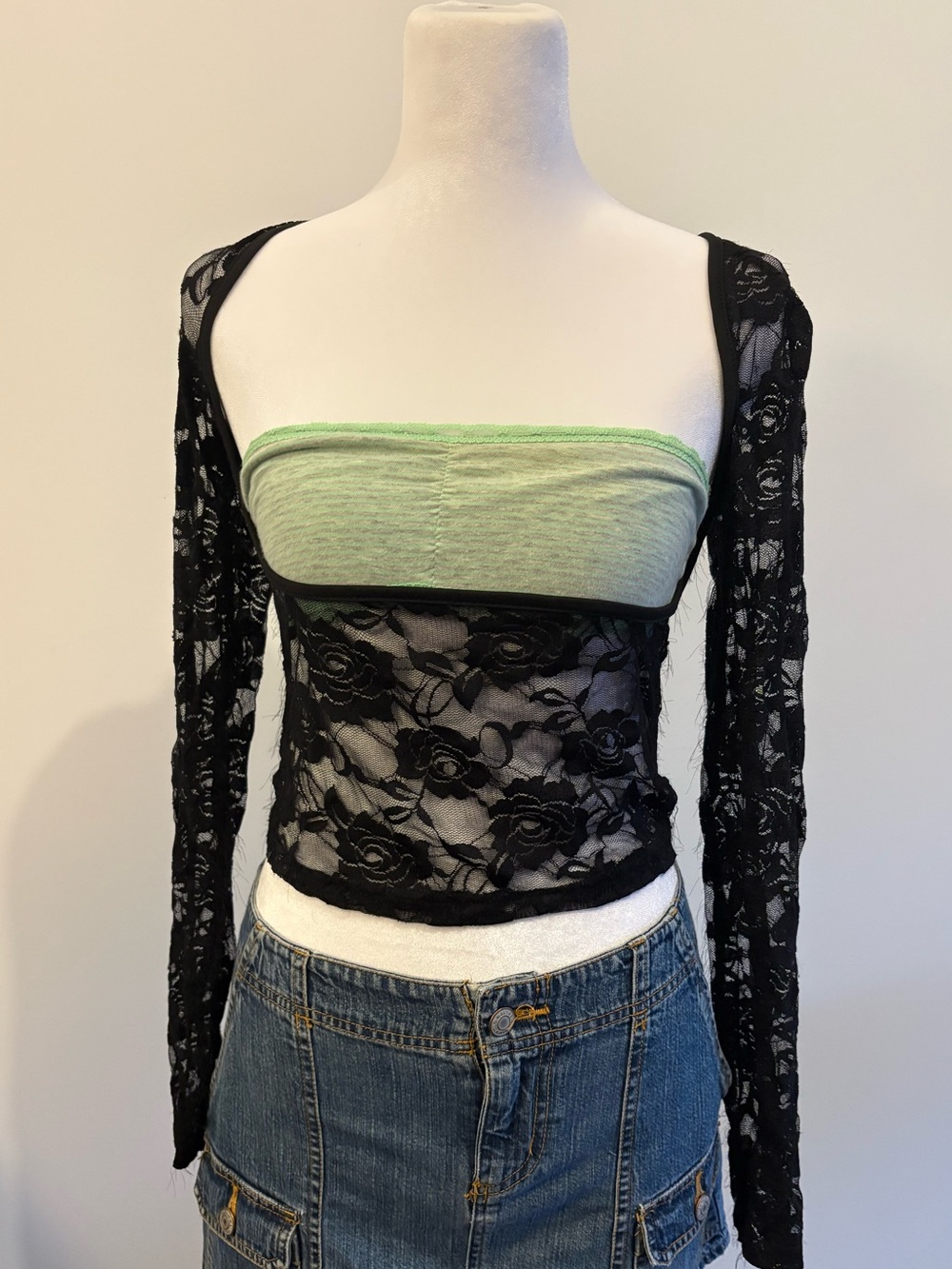 Y2K Black Lace Sheer Mesh Top Coquette Goth Fairycore Long Sleeve
